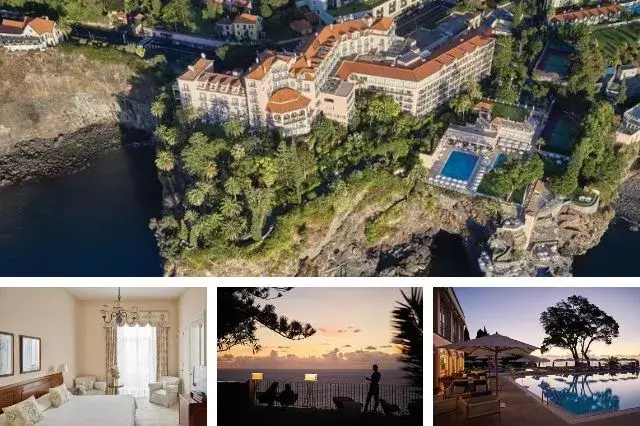 A stunning view of Belmond Reid's Palace perched on a cliff in Funchal, Madeira, showcasing the hotel's elegant architecture and lush gardens against the backdrop of the Atlantic Ocean.