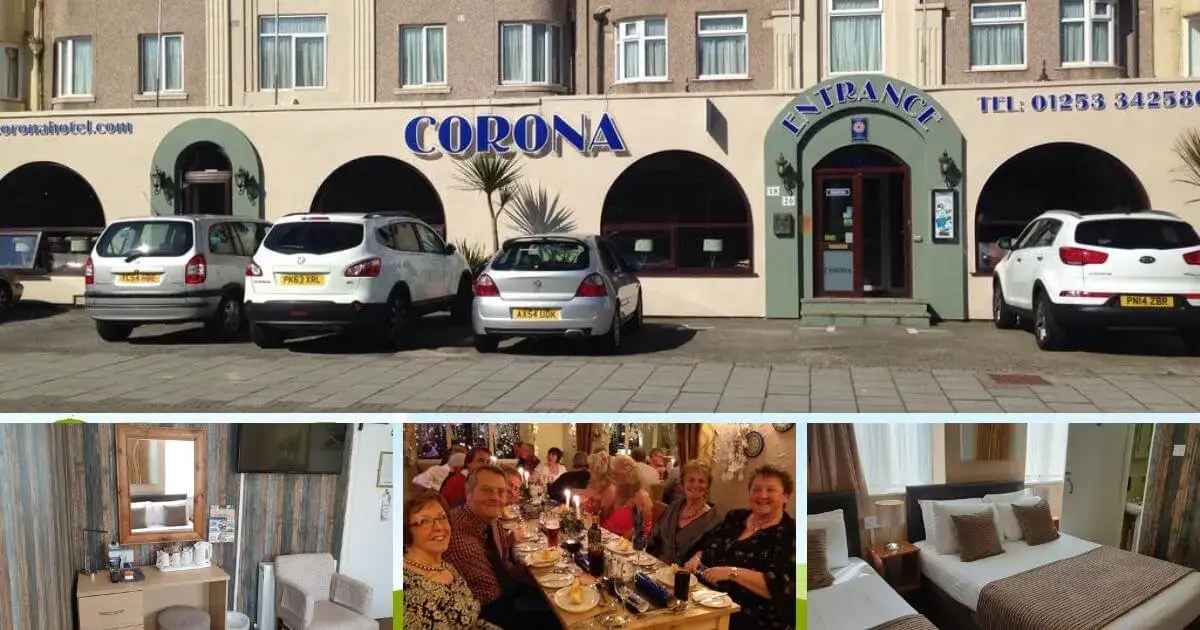 Art Deco-style Corona Blackpool hotel with Mediterranean theme, located near South Beach in Blackpool.