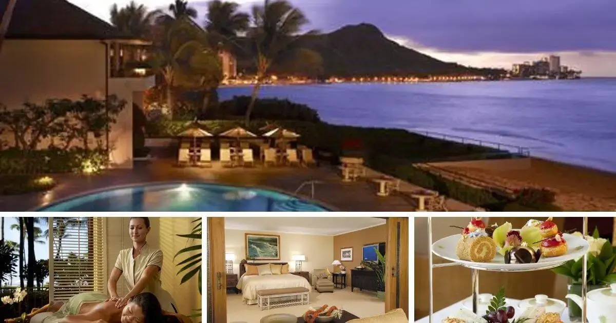 Spacious and luxurious Ocean Suite at Halekulani Hotel in Waikiki, featuring elegant furnishings and ocean views.