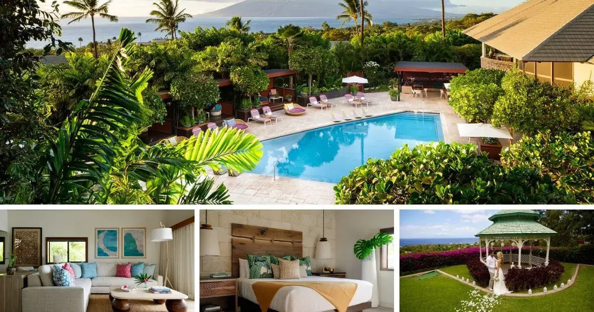 Spacious luxury suite with ocean view at Hotel Wailea, showcasing lush tropical surroundings and elegant décor.