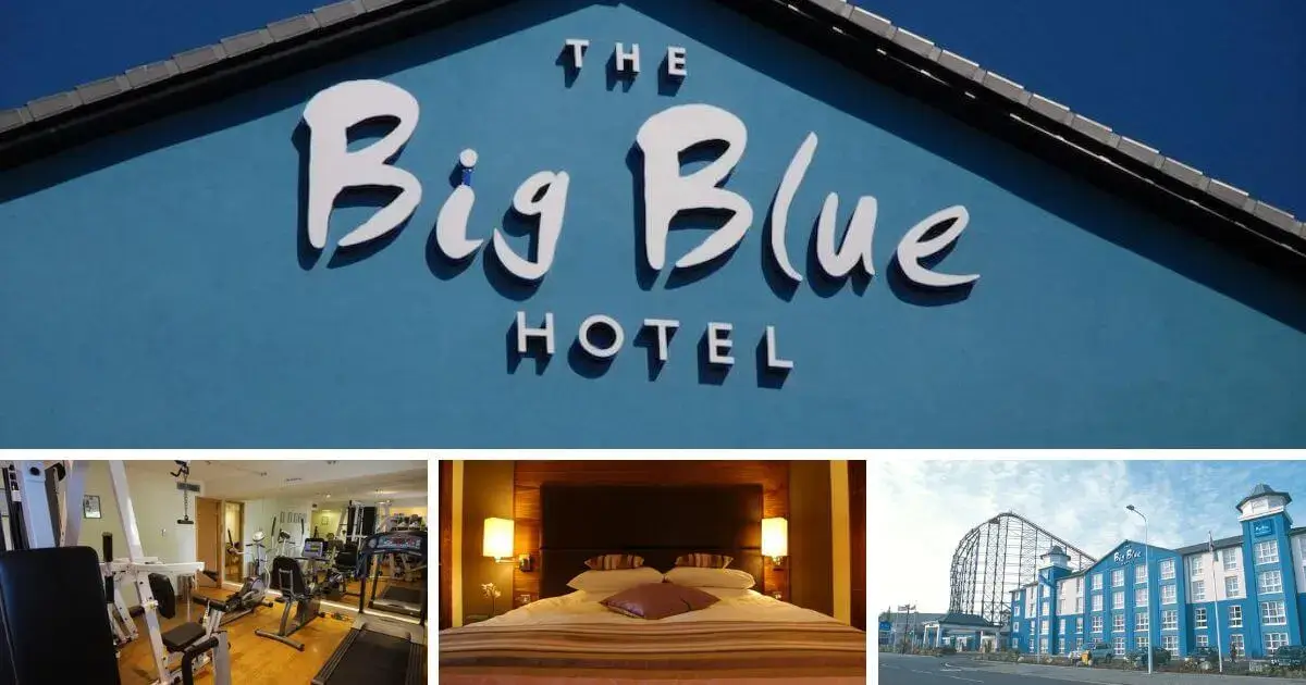 A luxury hotel room in Blackpool's Big Blue Hotel, showcasing a comfortable bed, modern furnishings, and amenities like a flat-screen TV and power shower.