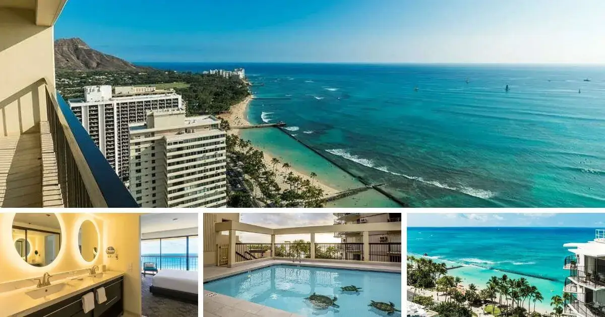 Stunning exterior view of Aston Waikiki Beach Tower showcasing its luxury amenities in Oahu, Hawaii.