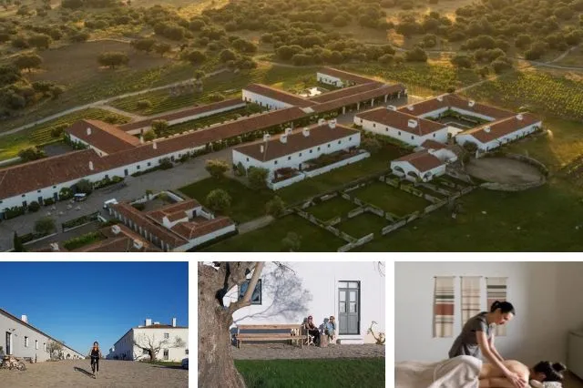 Aerial view of São Lourenço do Barrocal, a luxury farmhouse hotel in Portugal's Alentejo region, featuring serene landscapes and elegant accommodations.